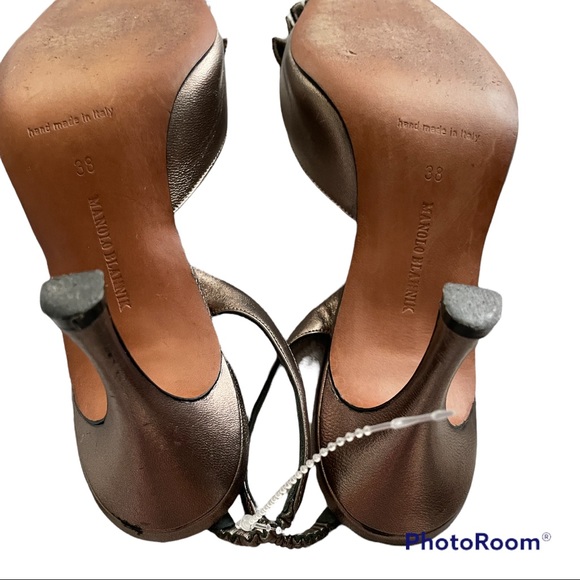 Manolo Blanik brown metallic pointed toe sling back high heels floral appliqués - Picture 5 of 9